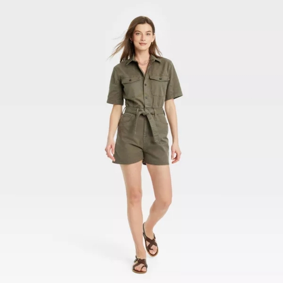 Universal Thread Button Front Short Sleeve Romper in Olive Navy Green Size 2 & 8 - Picture 1 of 10